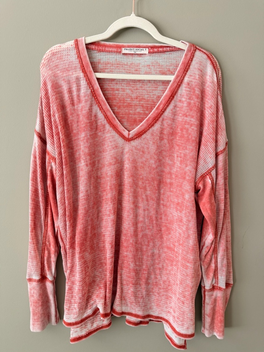 Project Social T Coral Pink Waffle V-Neck Top